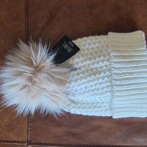 BA-BO Wool Blend Women's White Knit Faux Fur Pom-Pom Beanie Made in Italy